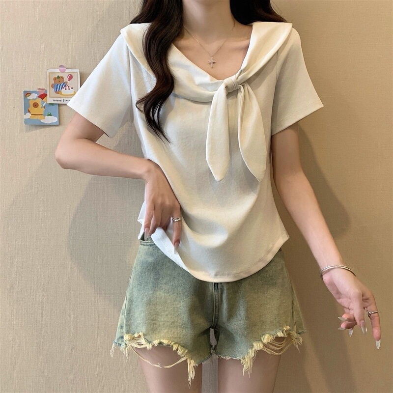 Plus-Size Irregular Navy Collar Bowknot Maternity T-Shirt for Women, New Summer Style for Curvy Women, Slimming and Flattering, Regular Shoulder Top
