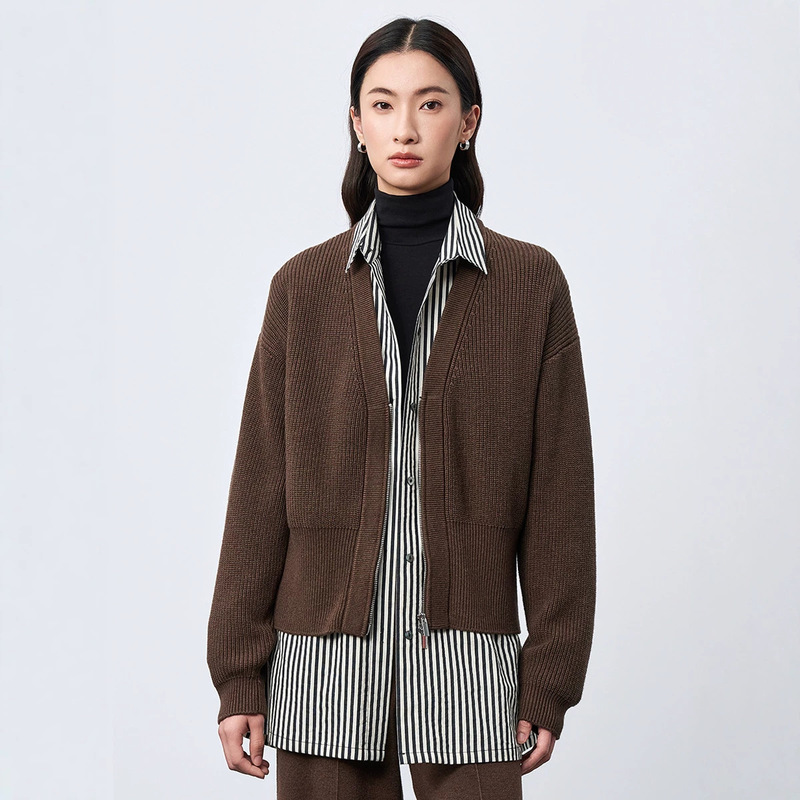 Autumn and winter retro V-neck zippered knit cardigan, women's short, fitted, wool outerwear, suitable for layering and casual wear, loose-fitting sweater