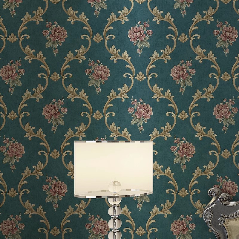 Papel pintado de lujo con relieve en 3D de estilo pastoral europeo en azul oscuro para dormitorio, sala de estar, hotel, salón de belleza_voghion.com