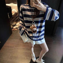 CherZ 三色条纹长袖落肩T恤女2025年新款秋圆领宽松慵懒感上衣