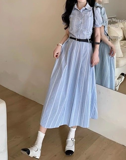 法式蓝色小清新条纹翻领连衣裙女夏季新款高级感气质收腰衬衫长裙|undefined
