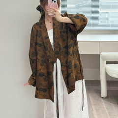 刘诗诗同款国风印花宽松V领有内衬上衣绑带香云纱系列秋季款外套