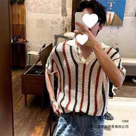 美式复古V领针织镂空短袖polo衫男夏季设计感痞帅翻领半截袖现货