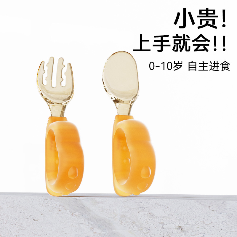 공장 새로운 아기 안전 식품 등급 ppsu 교육 보완 식품 짧은 손잡이 실리콘 소프트 포크 스푼 식기 세트 도매