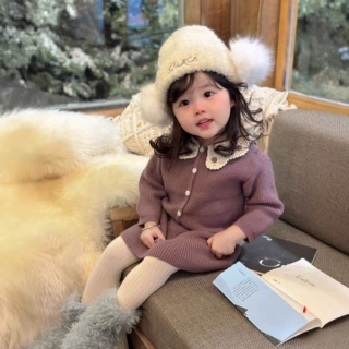 Cutemily秋冬女童手钩领开衫 女宝宝纽扣毛衣+蝴蝶结半裙两件套