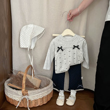 女童春秋季韓版波點蝴蝶結褲子女寶寶洋氣喇叭褲嬰兒休閑百搭長褲