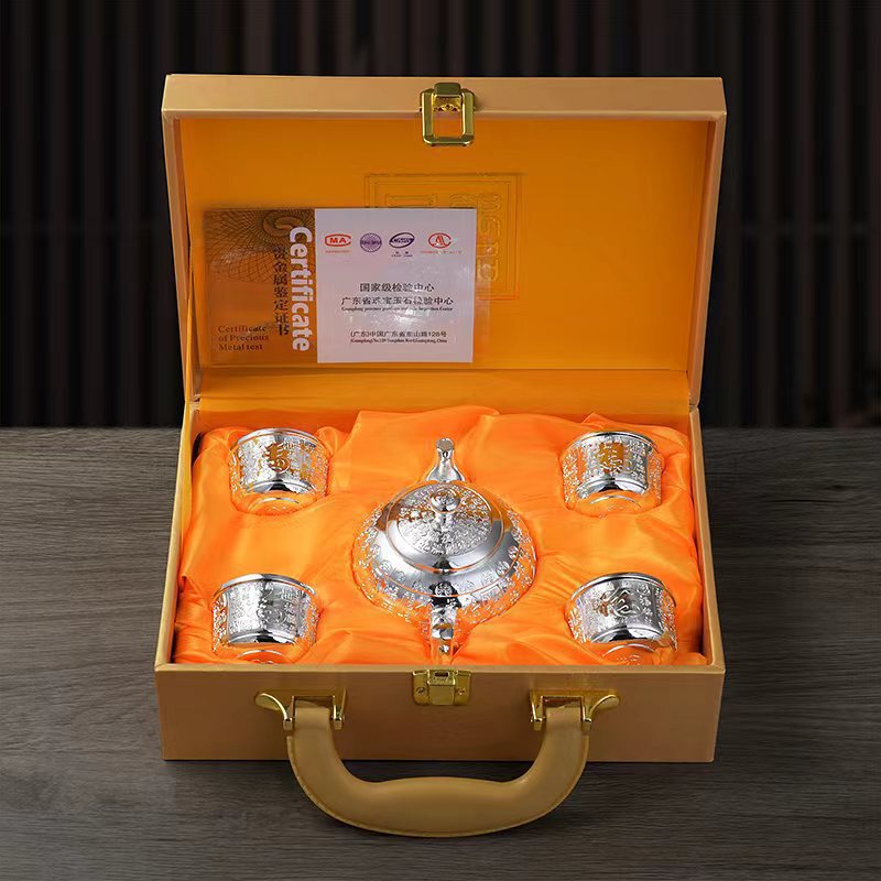 in stock Baifu Silver Pot Tea Set 5-piece Set suit Silver Tea Set Silver Plating Technology Live Explosions Support One Piece