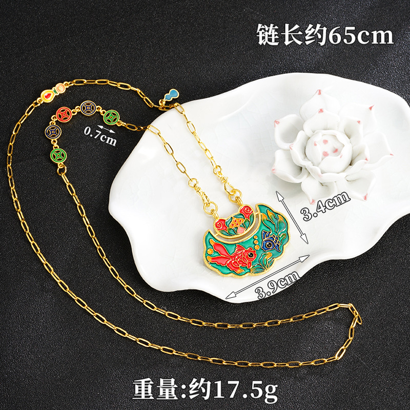 Gufa Sha dorado azul esmalte color Ruyi cerradura Koi collar estilo palacio retro no se desvanece joyas de aleación de cobre