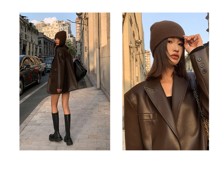 490g Weight Women's Streetwear Solid Color Pocket Single Breasted Leather Jacket Casual Jacket