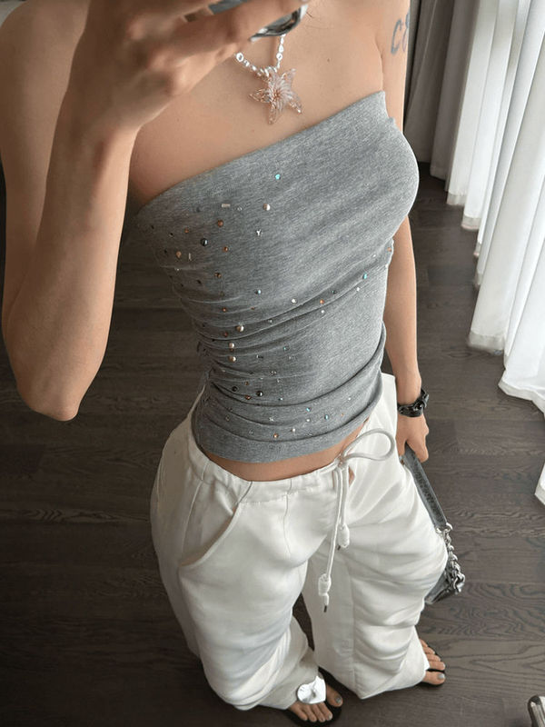 Gray Strapless Women's Summer Temperament Petite Sexy Hot Girl Slim Fit Versatile Short Off-Shoulder Top Gray Strapless Women's Summer Temperament Petite Sexy Hot Girl Slim Fit Versatile Short Off-Shoulder Top