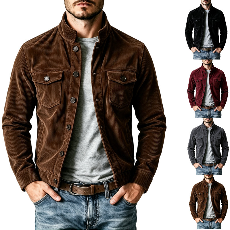 American retro corduroy jacket for men, stand-up collar workwear coat, autumn and winter men's casual button-up top, export product