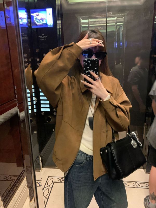 美拉德复古仿麂皮绒长袖外套女2025秋季新款宽松翻领休闲机车服女|undefined