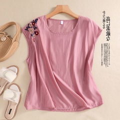 2024夏季新款復古純色刺繡上衣女文藝寬鬆打底套頭衫寬鬆無袖背心