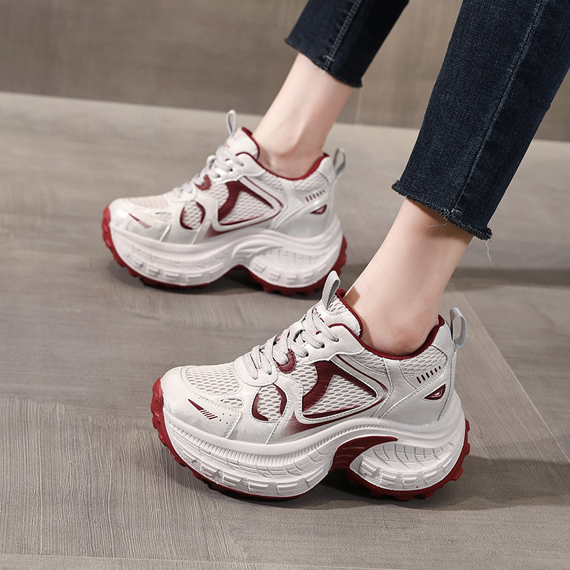 Giày thể thao nữ đế dày tăng chiều cao, phong cách dad sneaker, lưới thoáng khí — xanh lam
