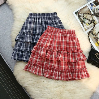 韩系甜美少女感半身裙夏季新款短裙小个子格纹高腰松紧腰蛋糕裙