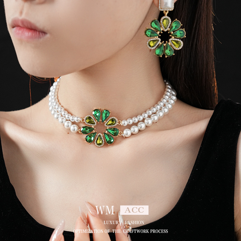 Aguja de plata con diamantes flores pendientes de perlas collares de moda versátil cadena de clavícula multicapa ligera lujo conjunto de joyas de alta calidad