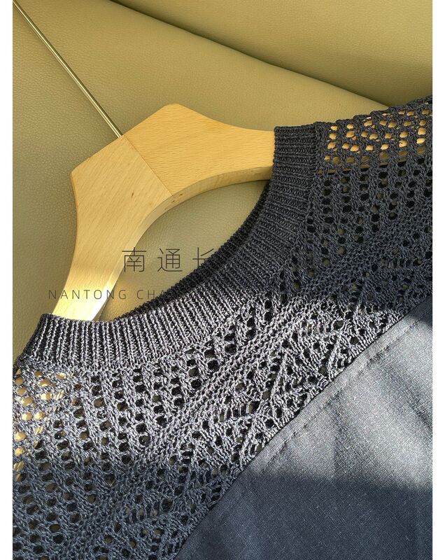 [侘寂美学]针梭拼重工苎麻宽松上衣女~镂空圆领肌理感/日系慵懒风|undefined