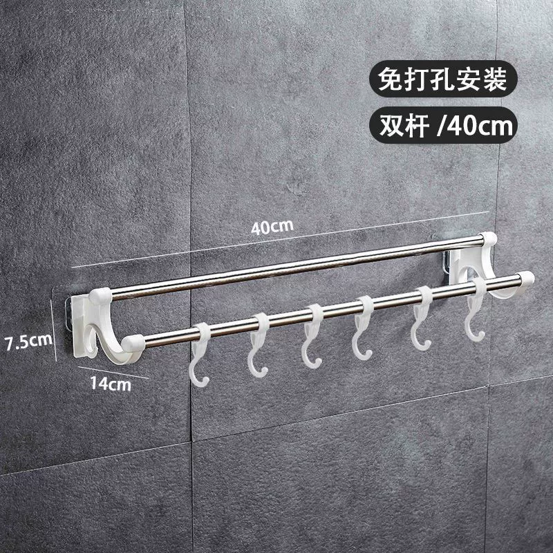 Stainless steel multi-purpose towel rack with hooks, no drilling, various sizes, durable design