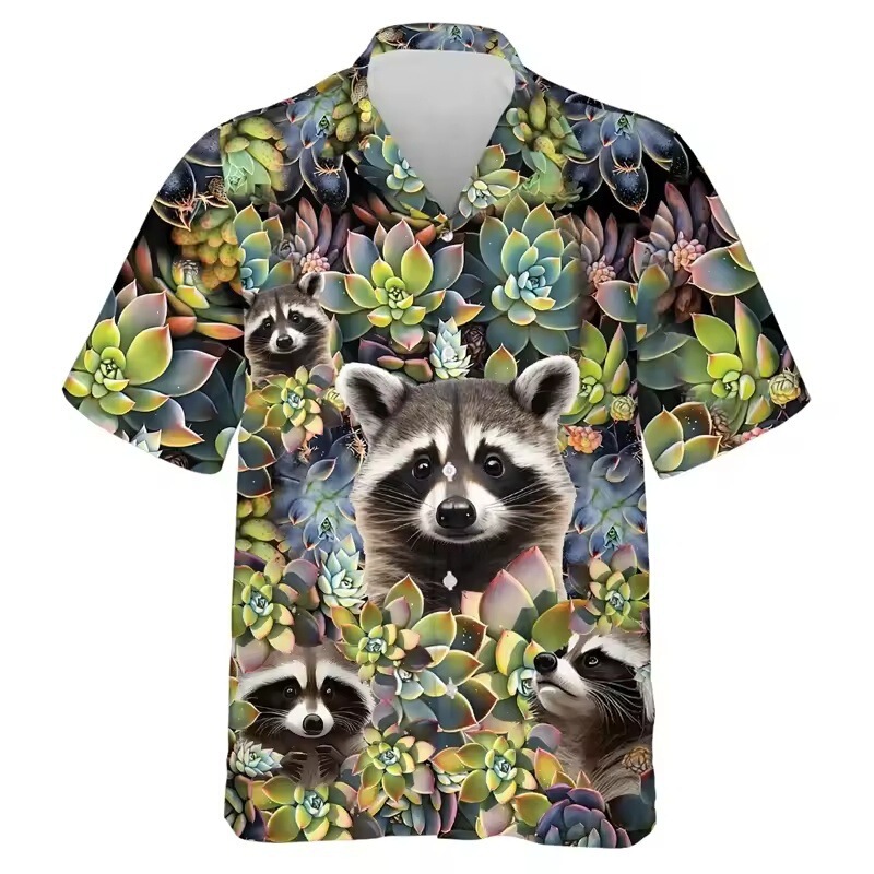 3D Printed Cute Animal Pattern Raccoon Shirt Men's Beach Shirt Casual Short Sleeve Vacation Lapel Shirt