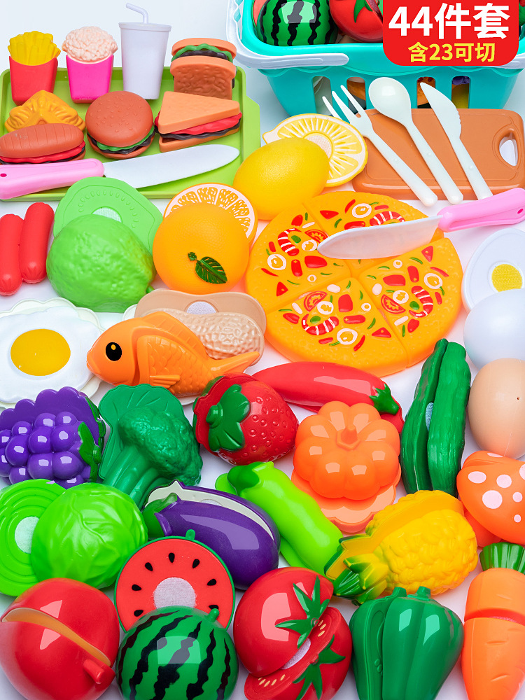 Juego de cocina de juguete para niños con carrito de compras, verduras y herramientas para cortar frutas, para niñas y niños.