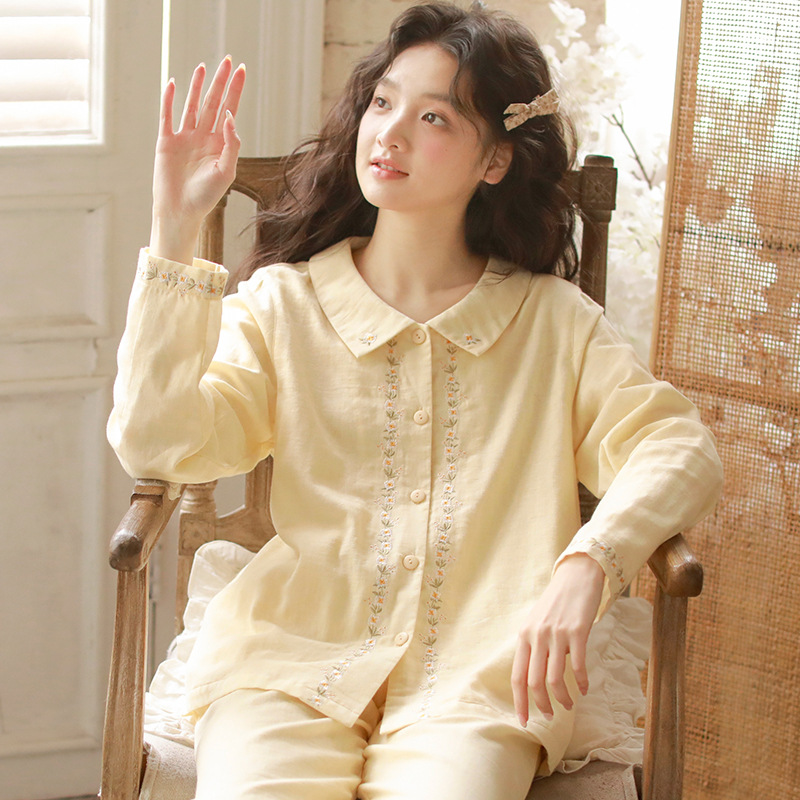 Spring and Summer New Women's Pure Cotton Double-Layer Gauze Pajamas Lapel High-End Embroider Spring & Fall Suit Large Size Home Clothes