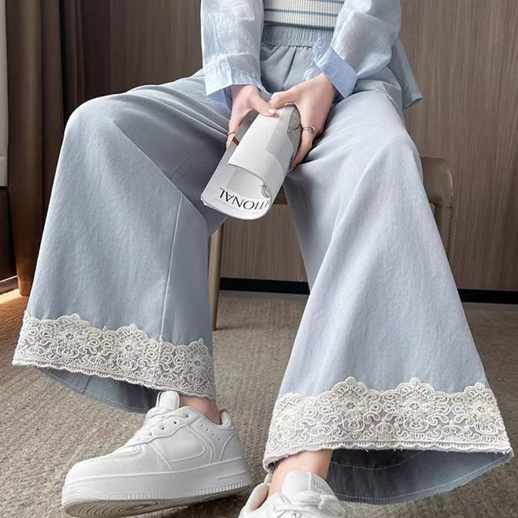 Plus-Size Gentle Style Lace-Trimmed Wide-Leg Pants for Women, Spring Mori Style, Sweet Drape, Soft and Cozy Casual Pants for Petite Figures, Cropped Length