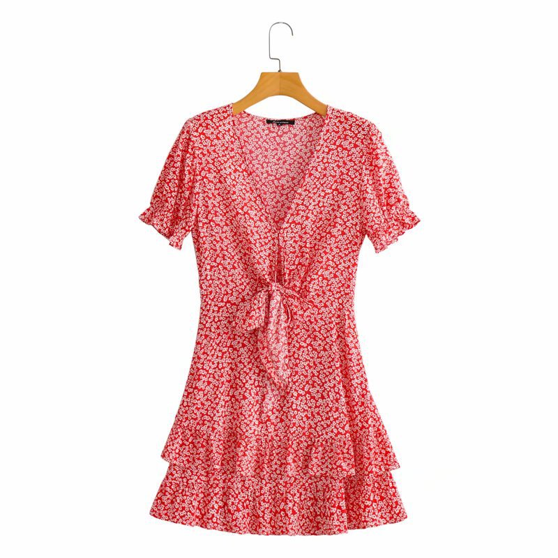 retro V-neck ruffled printed short-sleeved dress NSAM42197