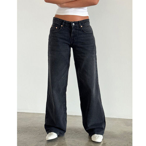 Spot American retro high-waist non-elastic washed straight jeans for women's summer new street wide-leg jeans