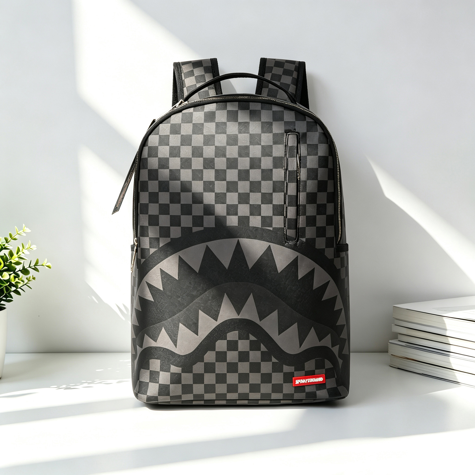Sprayground Sharks in Paris Backpack Grey Black Checkerboard