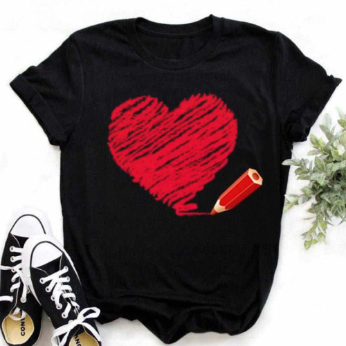 European and American New Fashion Heart Fashion Plus Size Casual Crew Neck Basic Women's Top Women