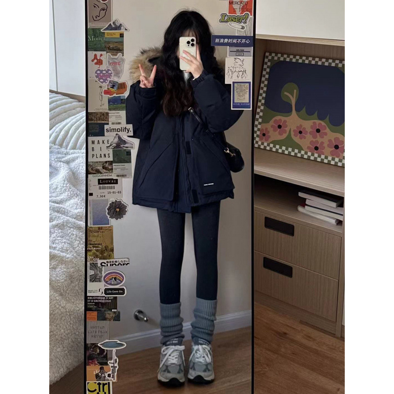 Off-Season Clearance Sale Workwear Parka down Jacket for Women, Mid-Length, White Duck Down, Thickened, Warm, Navy Blue Winter Clothing