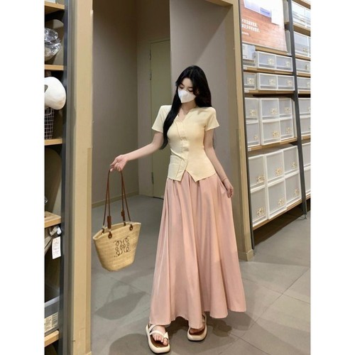 Covered-belly hide-flesh set for women, summer large size plus-size short-sleeve T-shirt top, high-waisted slimming wide-leg pants skirt two-piece set