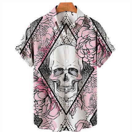Camisa de Halloween de bala de cuatro lados de calavera digital de venta caliente para hombres con estampado transfronterizo de cuatro lados Halloween suelto casual