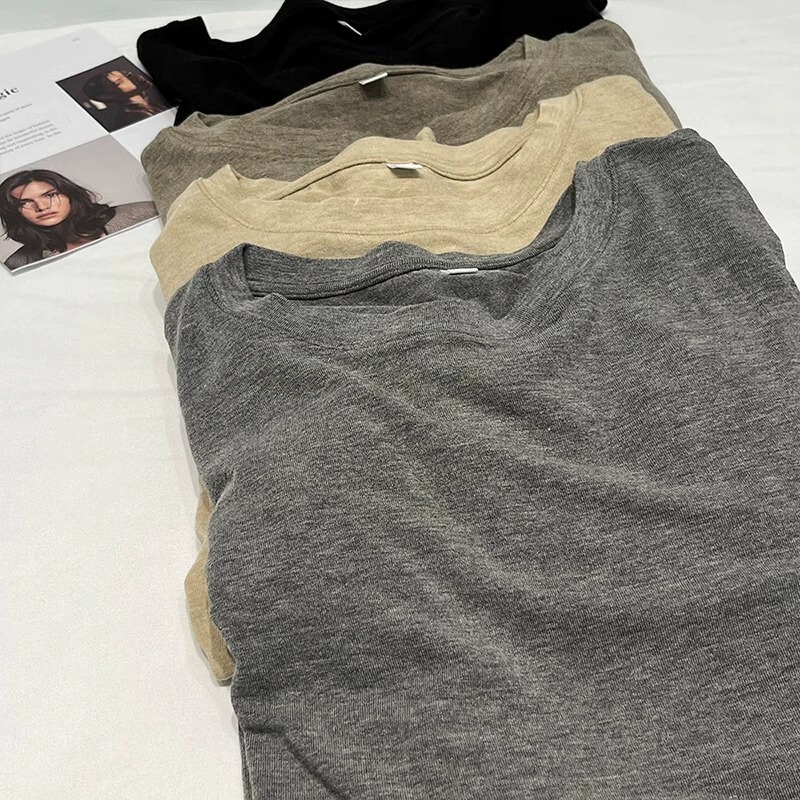纯色圆领面膜T恤女春秋季弹力亲肤内搭基础款磨毛长袖打底衫上衣|undefined