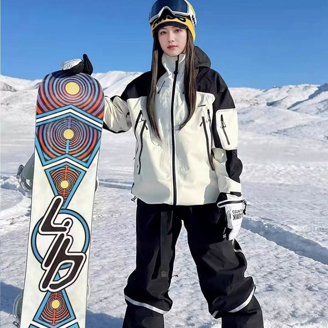 LDAB black and white patchwork ski suit for women 2026 new model windproof waterproof single and double board snow pants full set equipment for men