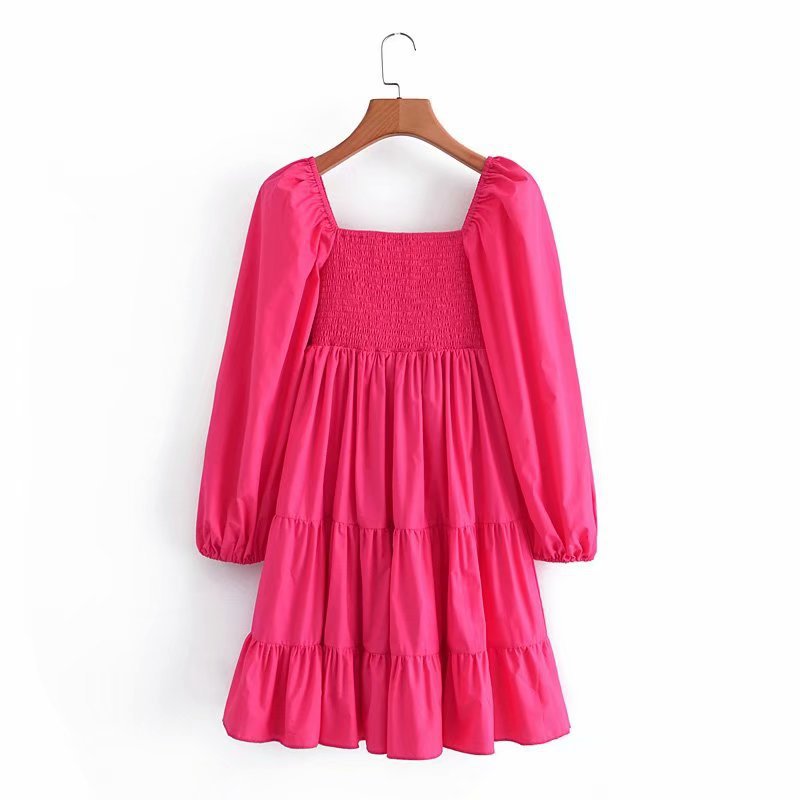 women s square collar stretch receiving waist puff sleeve dress nihaostyles wholesale clothing NSAM82101