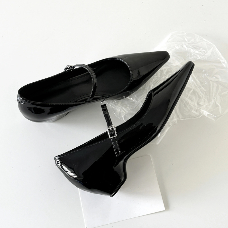 Sheepskin Version French Style One-character Buckle Belt Thick Heel Height-increasing Mary Jane Women's Shoes Pointed Toe Single-layer Shoes Shallow Mouth Commuter High-heeled Shoes