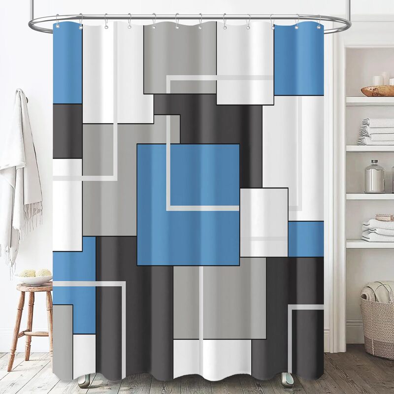 Cross-Border Shower Curtain Navy Blue Cloth Geometric Art Shower Curtain Digital Printing Bathroom Toilet Waterproof and Mildew-Proof Partition Curtain