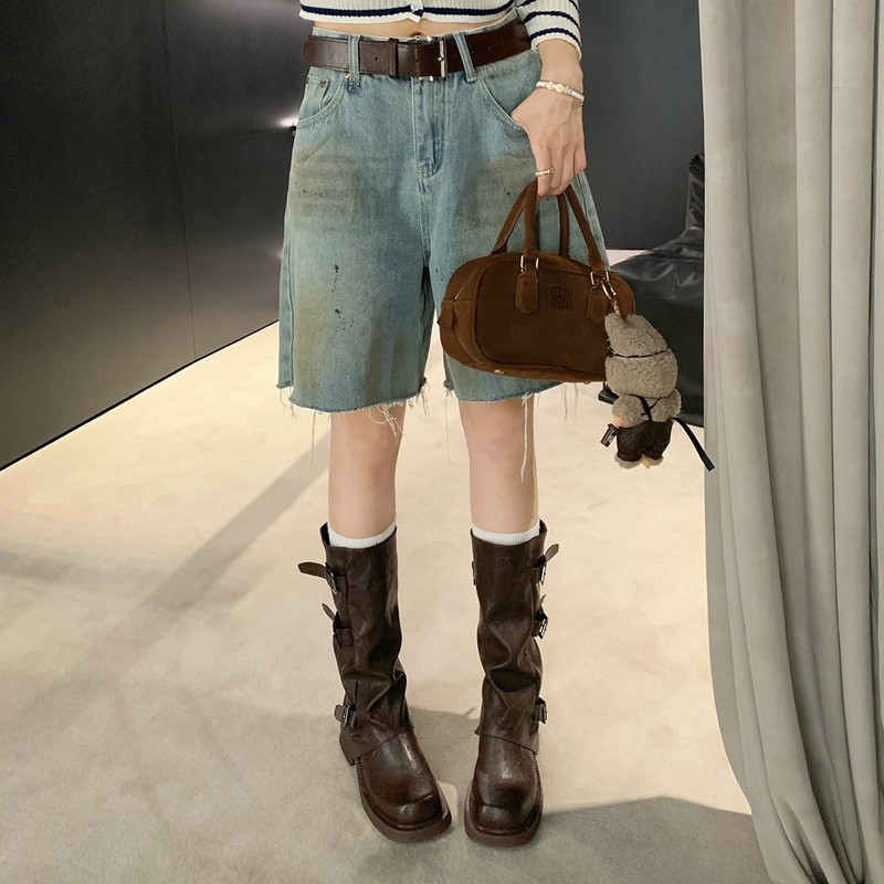 葡萄妈studiolee 增高6cm~时髦皮带扣方圆头褶皱中筒骑士靴女秋|undefined