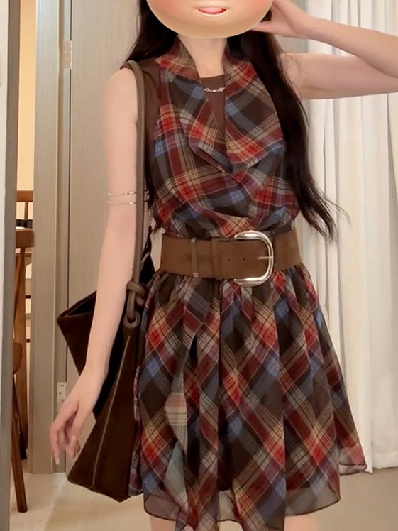 美式复古辣妹荡领挂脖连衣裙子女夏季2025新款小个子格纹气质短裙|undefined