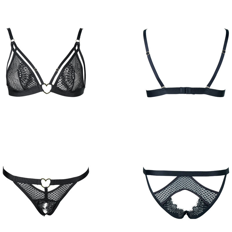 Fq2831 French Lace Jacquard Mesh Heart-Shaped Buckle Triangle Cup Sexy Bra Bralette with Thong Set