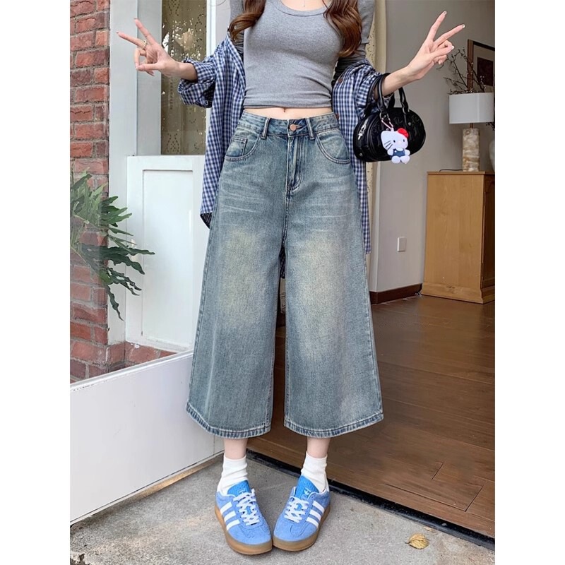 Plus-Size American-Style Simple Washed Denim Cropped Pants for Women, Summer New High-Waisted Slimming Versatile Wide-Leg Capri Pants