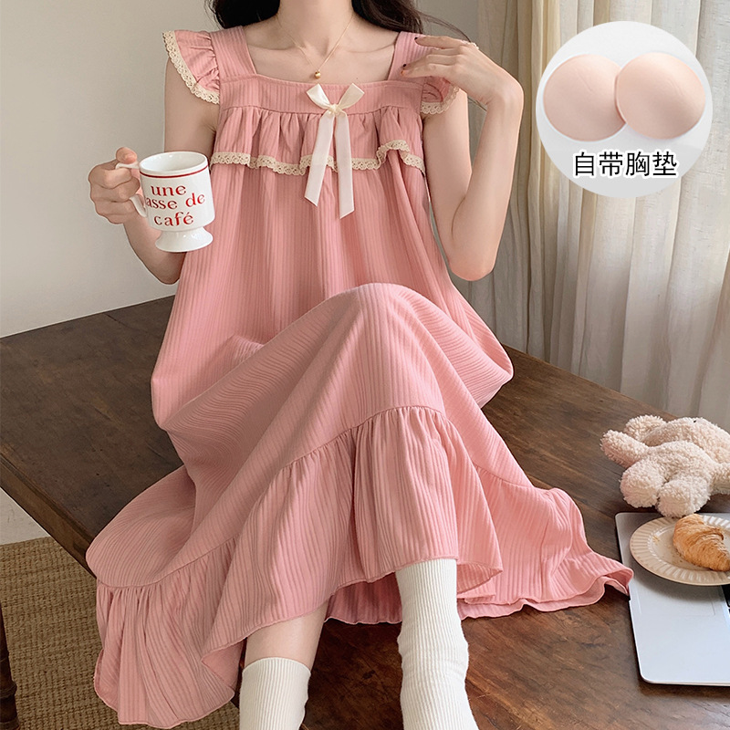Pijama con cojín de pecho vestido de mujer simple dulce lindos pijama arco de rodilla vestido de cabina de vestir para el hogar de verano