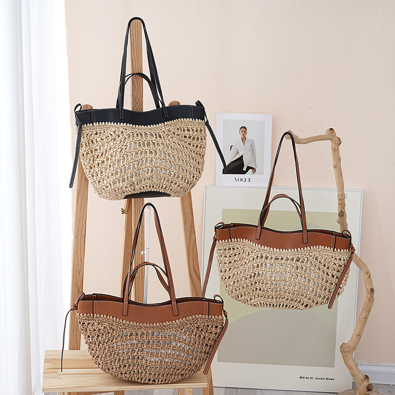 Woven tote bag for women, large-capacity shoulder handbag, straw bag, vacation beach bag, fashionable and versatile women's bag