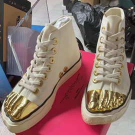 欧货高定帆布平底圆头板鞋金属铁头小白鞋金脚趾高帮休闲小白鞋女