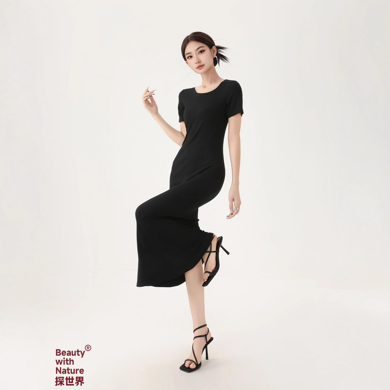 Dress with Short Sleeves for Women, Knitted, Summer, Small Neckline, Fishtail, Long, Waist-Cinching, Slim-Fitting, Hip-Hugging, Elegant, Fashionable, Ruffled