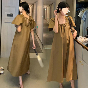 方领连衣裙女夏季2024新款度假风木耳边中长款宽松短袖裙子女-阿里巴巴