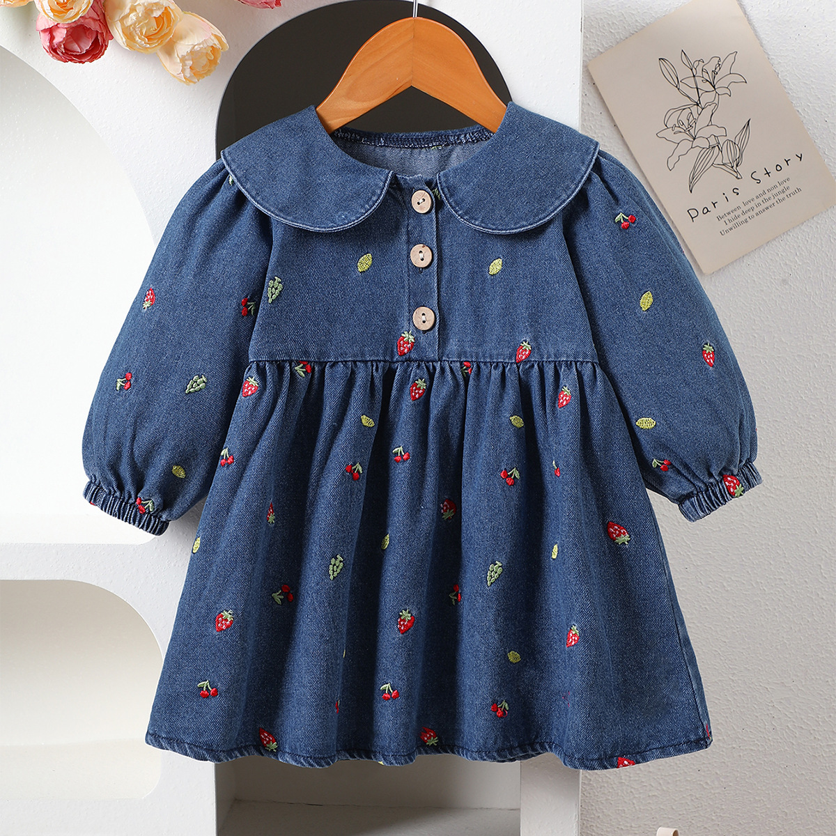 Girls' Embroidered Strawberry Denim Dress Spring and Autumn 2025 New Stylish Girl Doll Collar Princess Dress