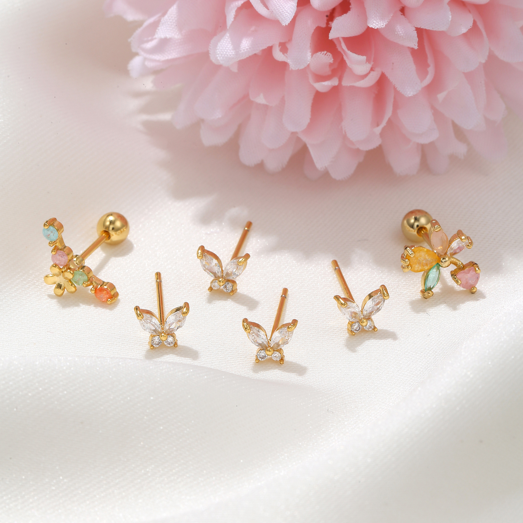 Fashion Butterfly Brass Ear Studs Butterfly Gem Copper Earrings
