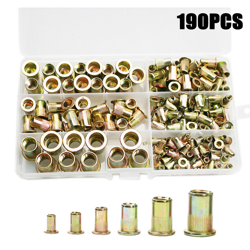 铆螺母190个盒装镀锌彩拉铆m3/4/5/6/8/10/12平头柱纹拉帽螺母